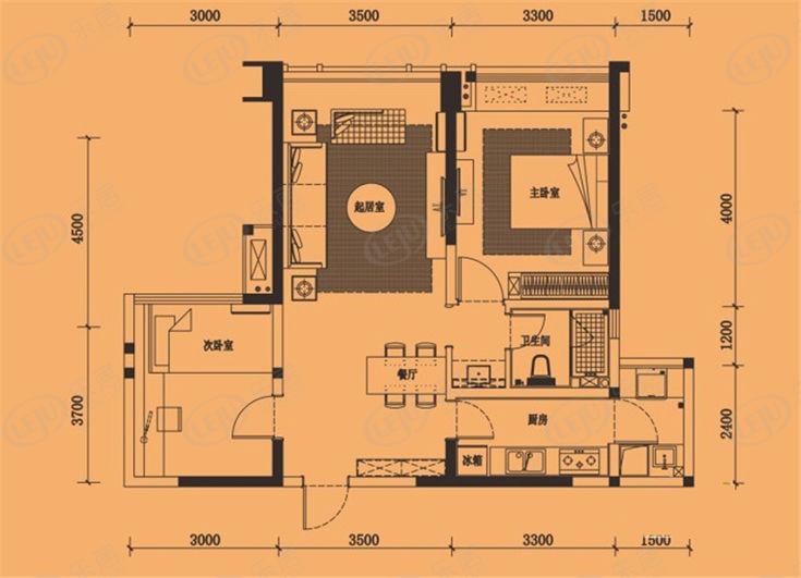 绿地中心云玺468b4户型两室两厅一厨一卫户型图