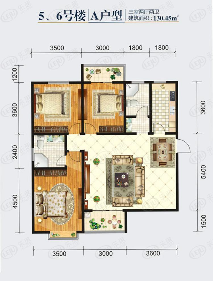 东郡壹号5,6号楼a户型 3室2厅2卫1厨 建筑面积:130㎡户型图