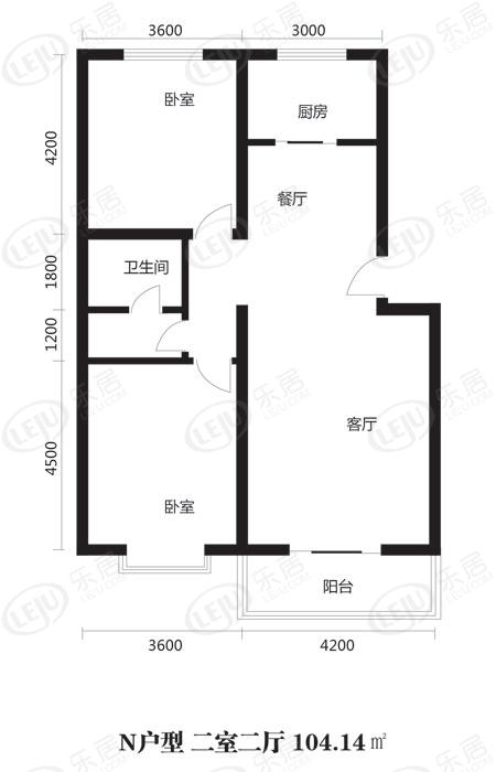 博雅a区n户型两室两厅一卫户型图