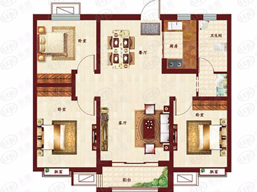 滏阳公馆3室2厅1卫户型图 - 衡水乐居